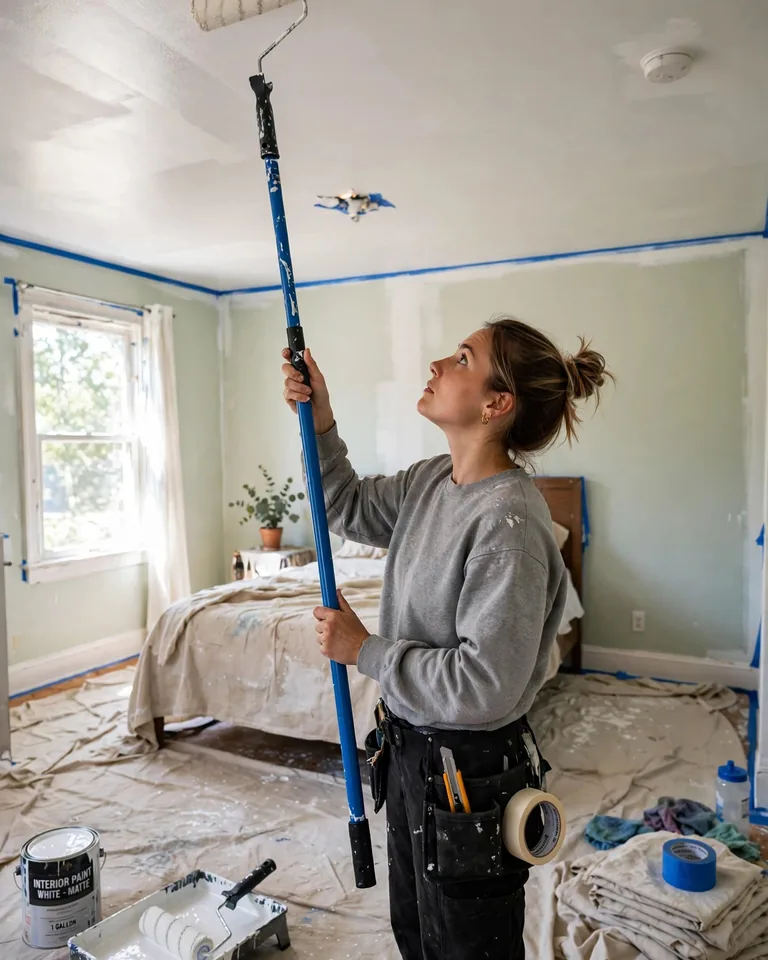 DIY painting of a bedroom ceiling with a roller on an extension pole, drop cloths on the floor