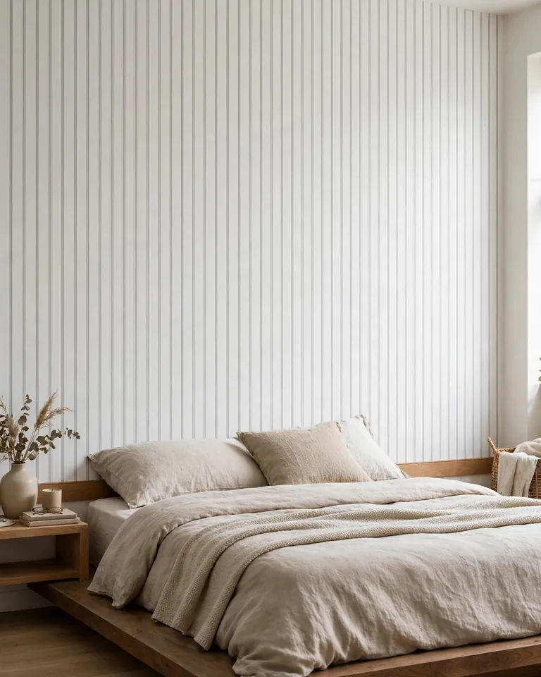 Vertical pinstripe peel-and-stick wallpaper on a bedroom accent wall behind a low platform bed