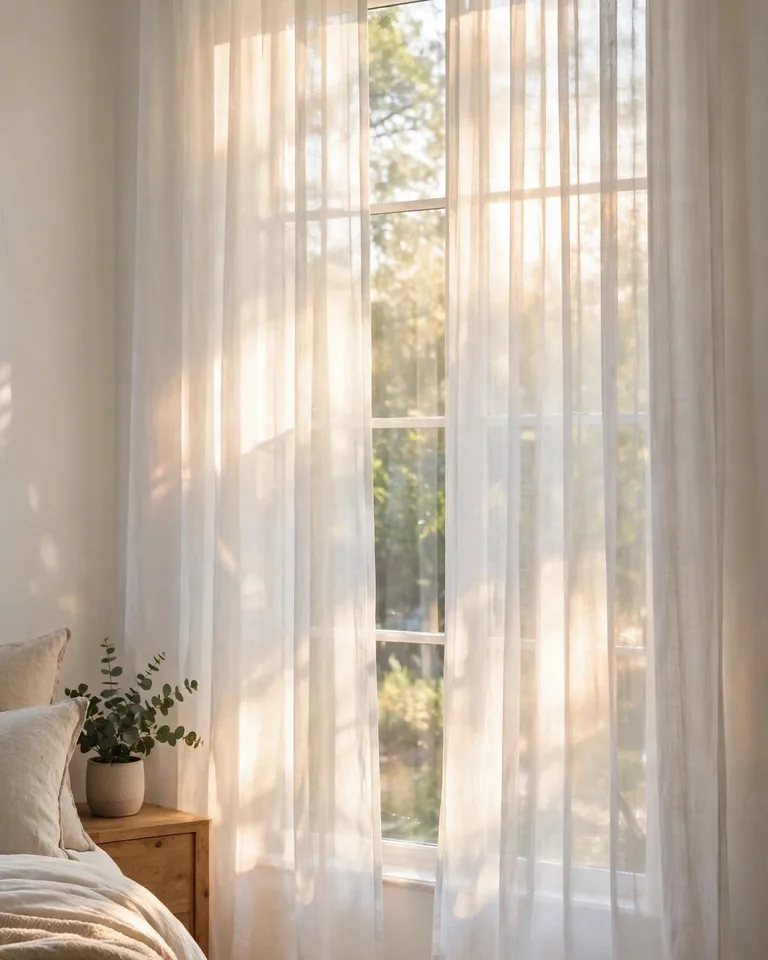 A styled low-ceiling bedroom after a weekend makeover, warm lamp glow and layered neutral bedding