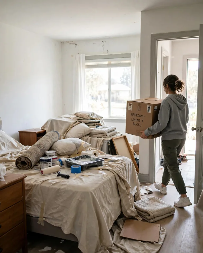 A bedroom being cleared for a weekend makeover, furniture moved to the center under drop sheets