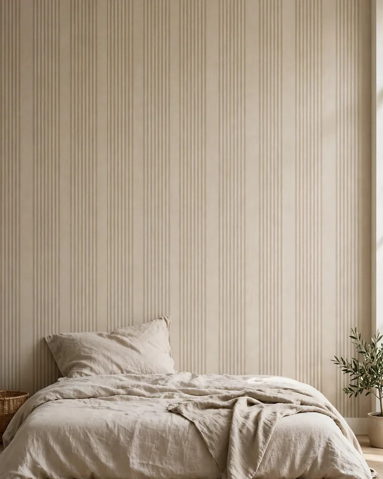 A bedroom wall with vertical tone-on-tone striped peel-and-stick wallpaper behind a low bed