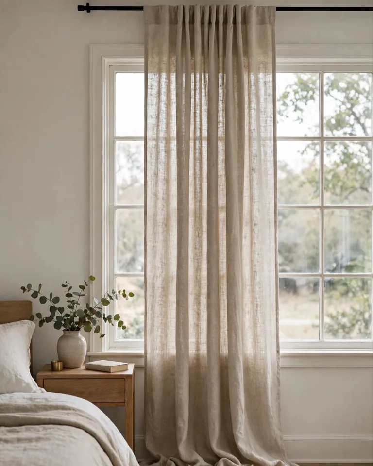 Long linen curtains hung from a rod mounted just below the ceiling, fabric pooling on the floor