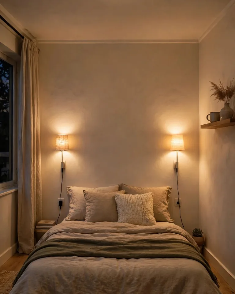 A low-ceiling bedroom lit by a flush-mount ceiling light and warm plug-in wall sconces