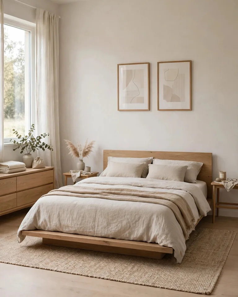 A calm bedroom layout with a low platform bed centered on the longest wall and slim nightstands