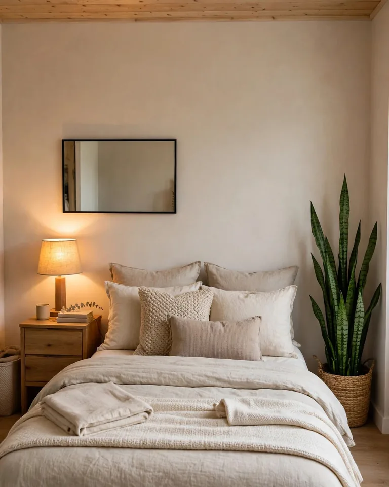 A finished low-ceiling bedroom styled with layered neutral bedding, a tall plant, and a small mirror