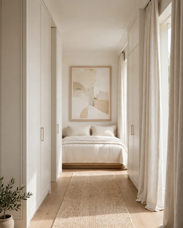 Wide view of a deliberately designed narrow bedroom with one clear walkway, tonal palette, and a single oversized artwork on the far wall