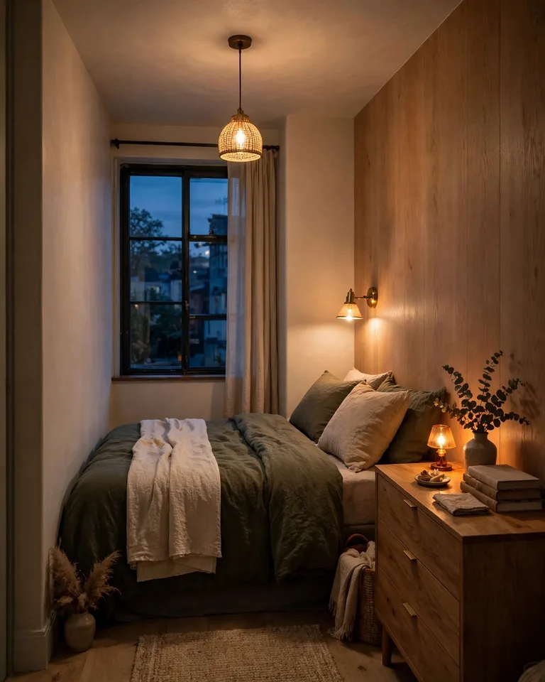 Narrow bedroom at dusk glowing with layered warm lighting at three heights