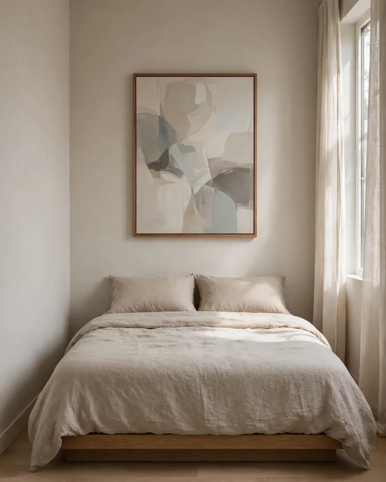 One oversized framed artwork centered above a bed in a narrow bedroom