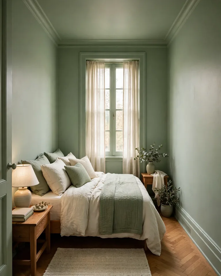 Color-drenched sage green bedroom with walls, trim, and ceiling in the same tone
