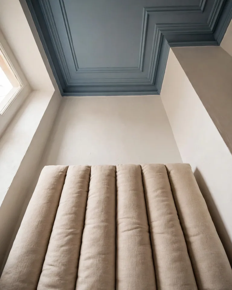Bedroom ceiling painted a soft blue-grey tint with simple crown molding and warm daylight