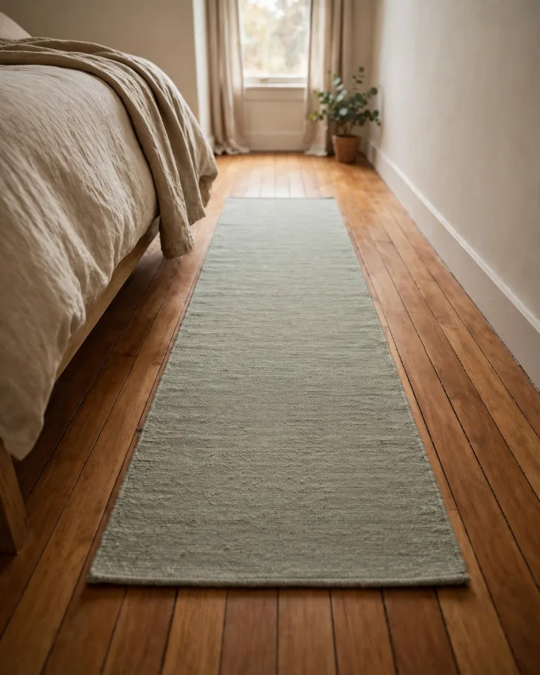 Wood floorboards running the length of a narrow bedroom with a single long rug