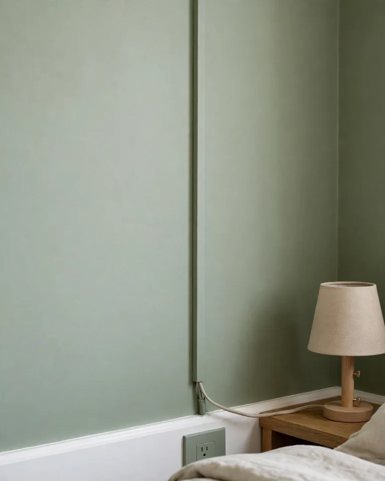 Close-up detail of a tidy bedside corner with cord cover and wall-colored outlet plate