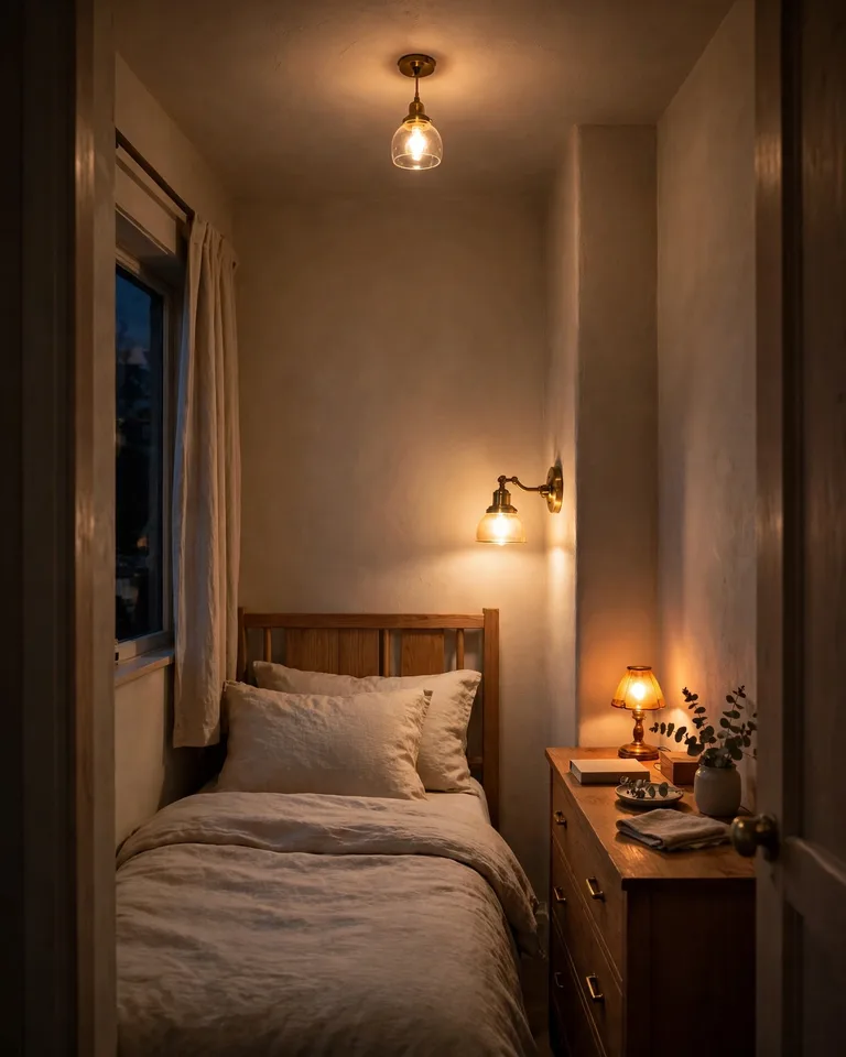 Narrow bedroom with lighting at three heights — ceiling pendant, wall sconce, and small bedside lamp glowing warm