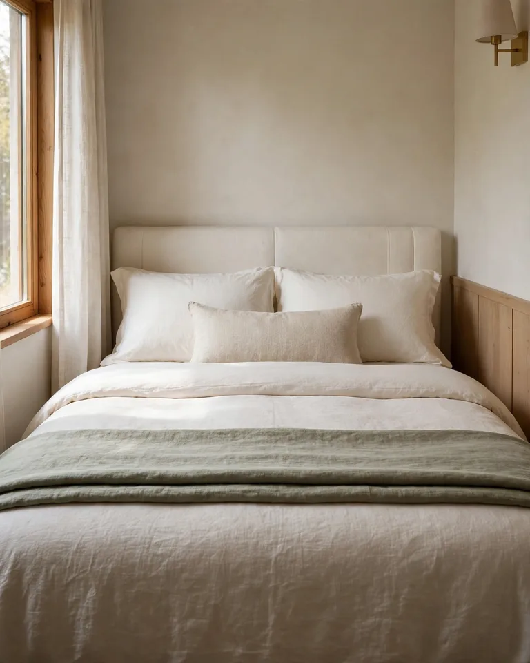 Beautifully dressed bed with structured neutral bedding, one folded throw, and a single lumbar pillow