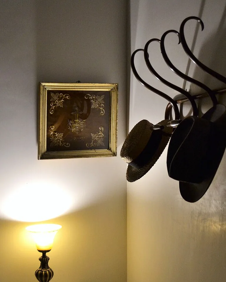 Wall-mounted hook rail with hats hanging in a bedroom