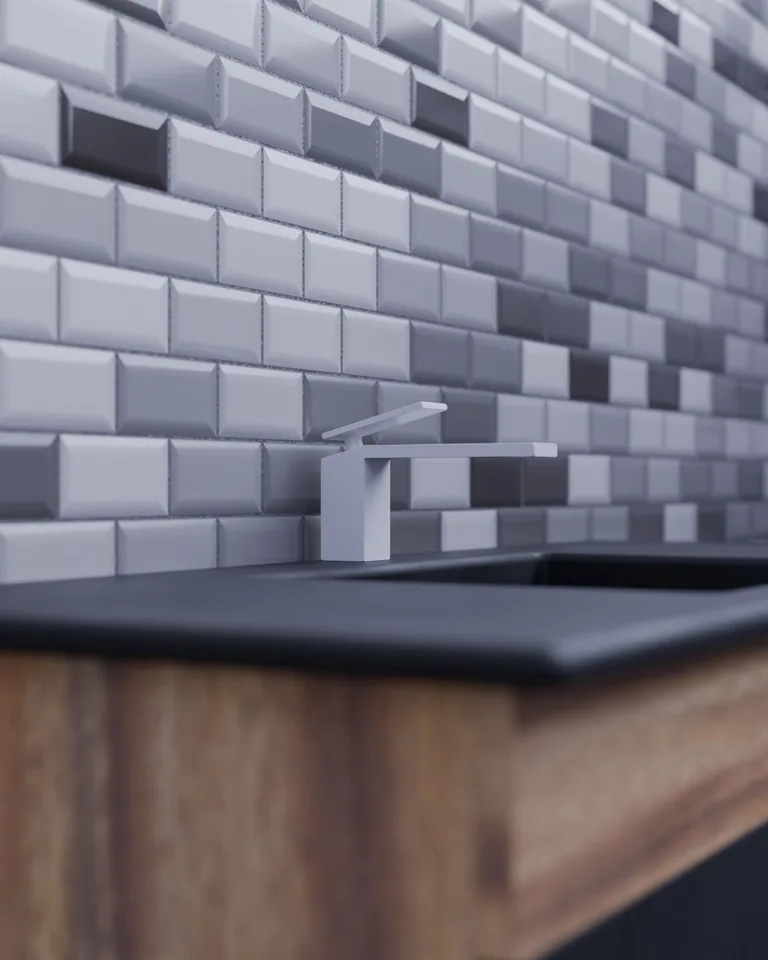 Handmade-look gray tile backsplash with a wood countertop