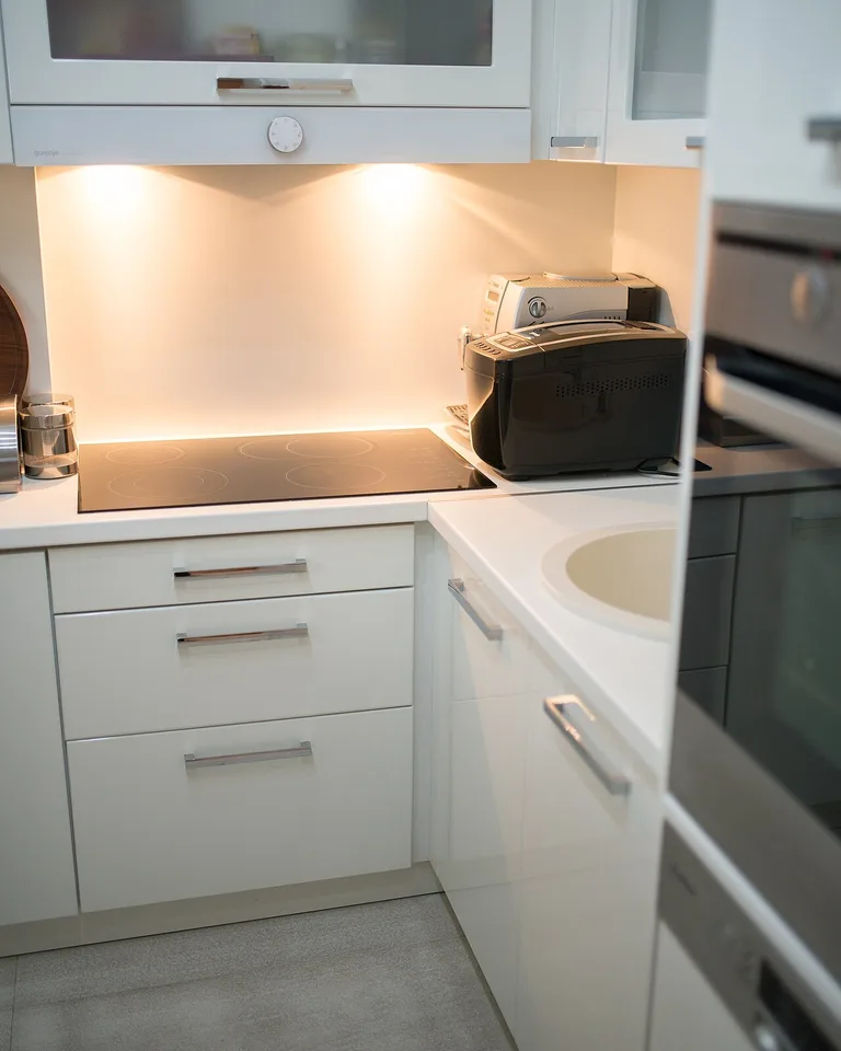 Kitchen with integrated appliances behind matching cabinet fronts