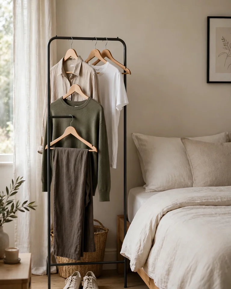 An open clothing rack in a bedroom with neatly hung clothes on matching hangers