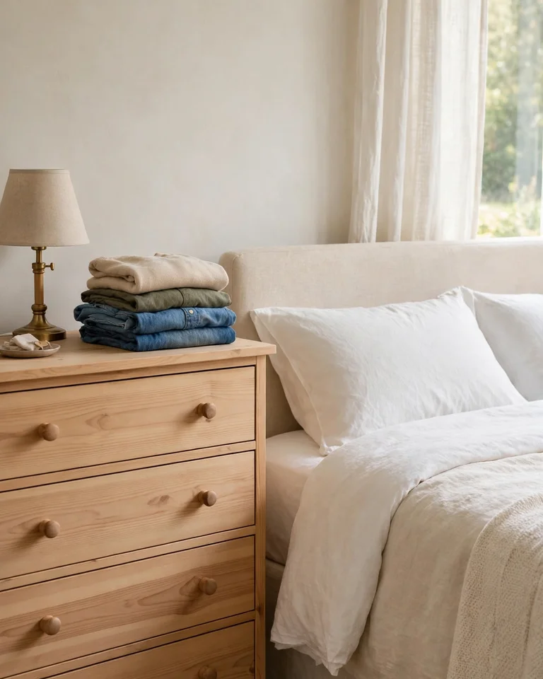 A wooden dresser in a bedroom with folded clothes and a small plant on top
