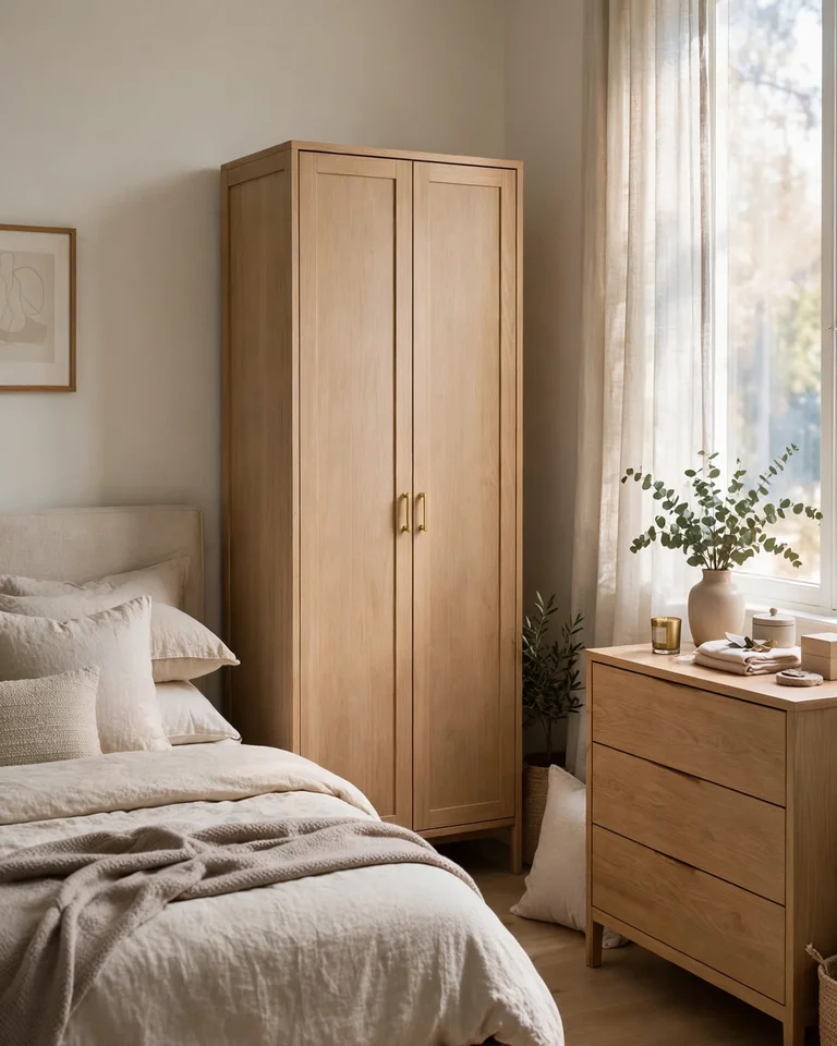 A tidy bedroom corner with a wardrobe, dresser, and bed arranged as a complete storage wall