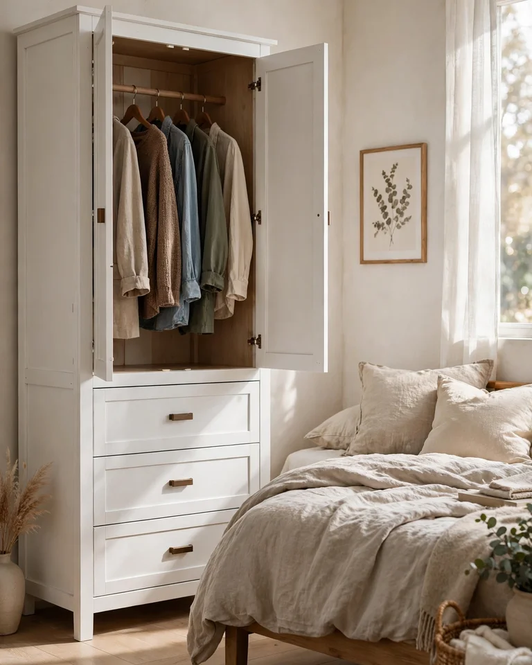 A freestanding wardrobe with hanging clothes and drawers standing against one bedroom wall