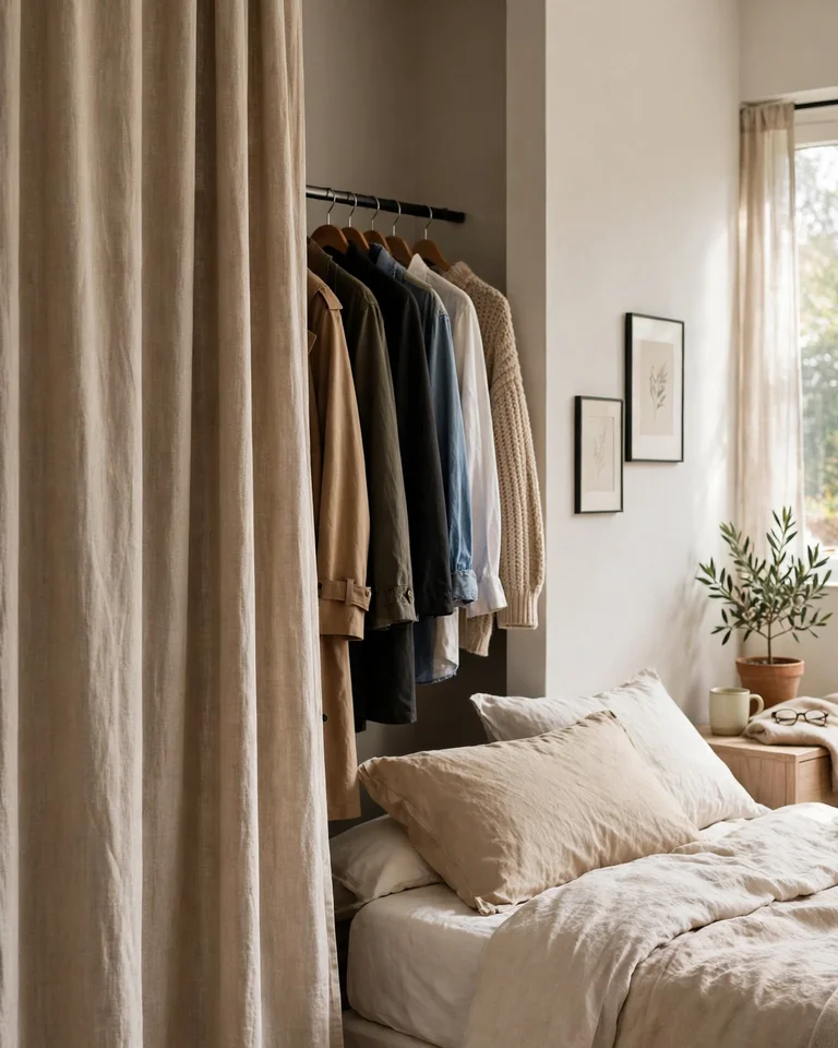 A bedroom clothing area concealed behind a long linen curtain on a ceiling track