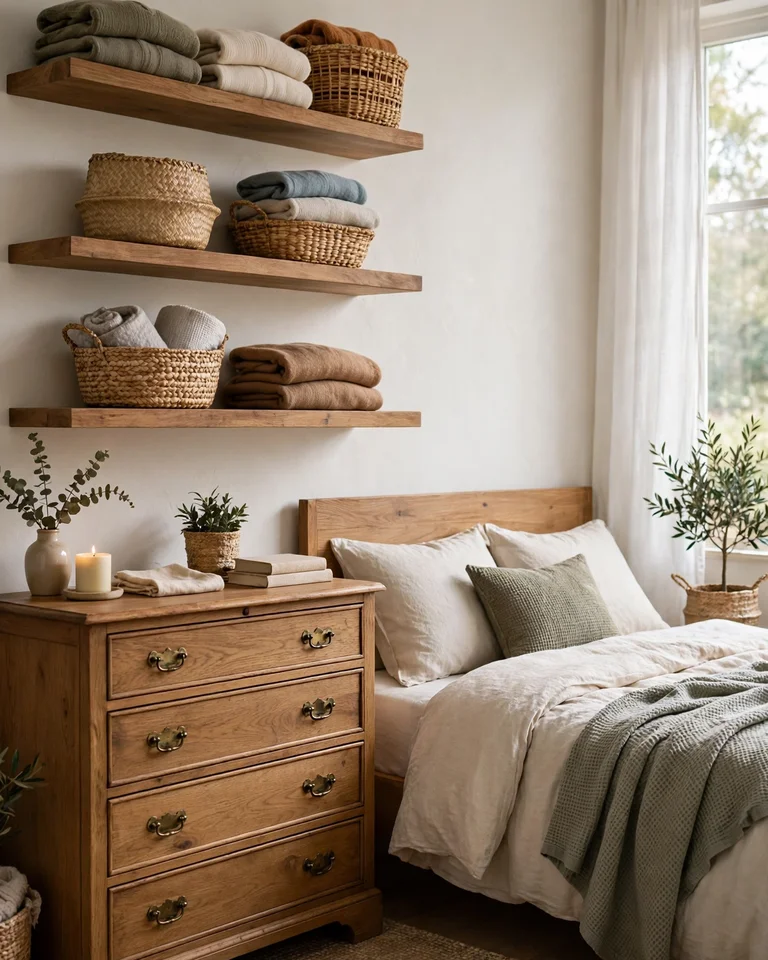 A bedroom dresser with floating shelves above it holding folded sweaters and baskets