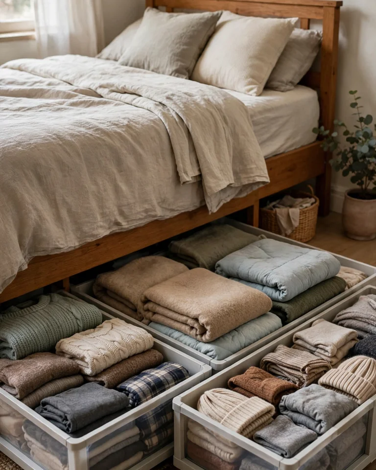 Rolling storage drawers pulled out from under a bed holding folded off-season clothes
