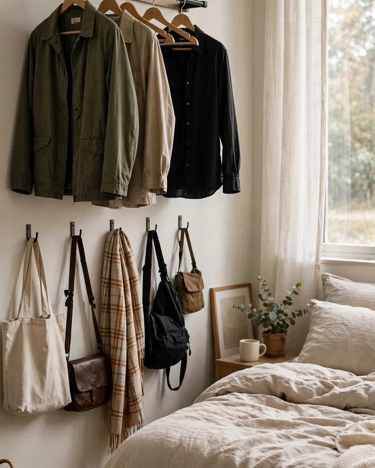 A wall-mounted clothing rail with hooks holding jackets and bags in a bedroom