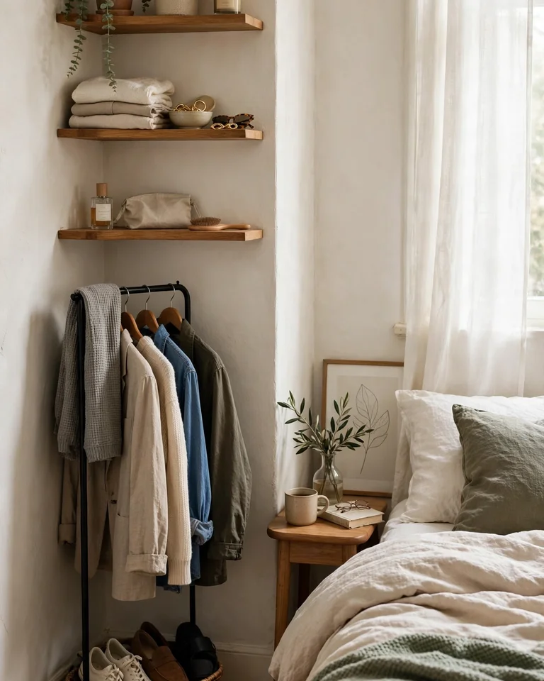 A bedroom corner fitted with a clothing rack and shelves forming a compact dressing nook