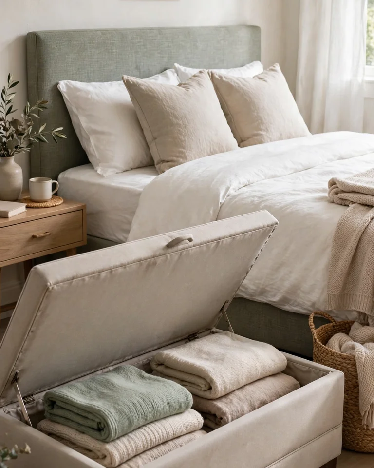 A storage bench at the foot of a bed with its lid open showing folded blankets inside