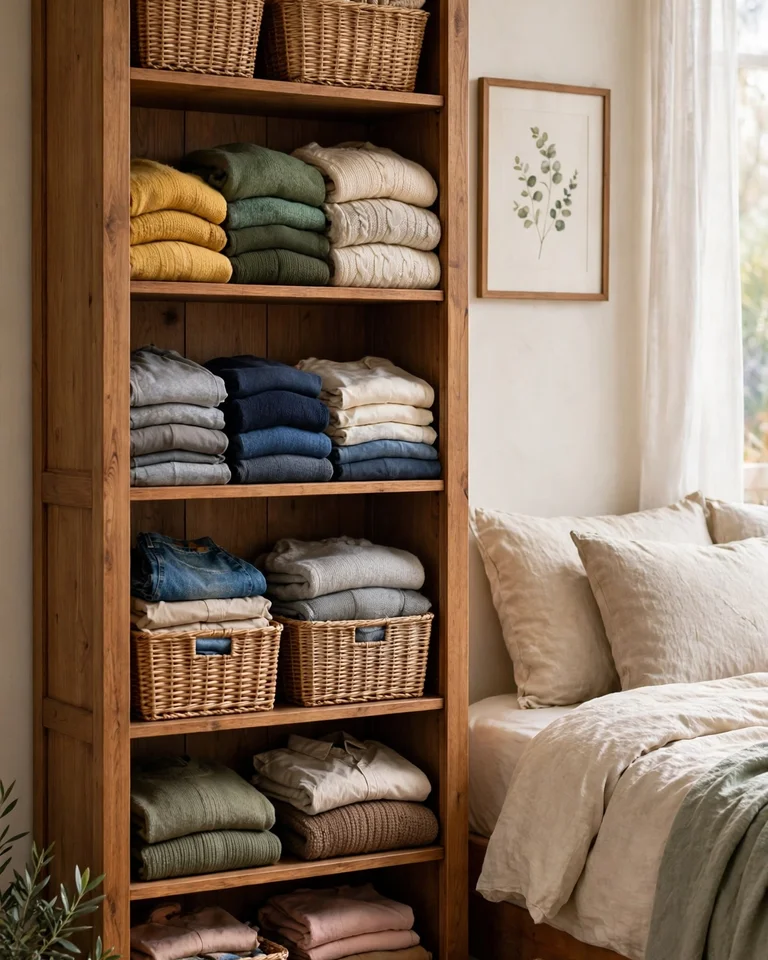 A tall bookcase in a bedroom filled with neatly folded clothes and storage baskets