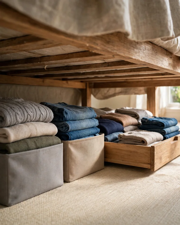 Bedroom with a wooden wardrobe and garment rack showing how freestanding pieces replace a built-in closet