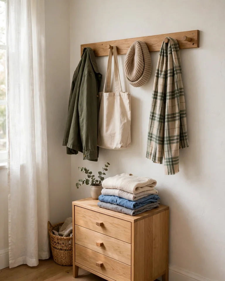Wall-mounted hook rail and dresser in a bedroom corner showing small-footprint no-closet storage