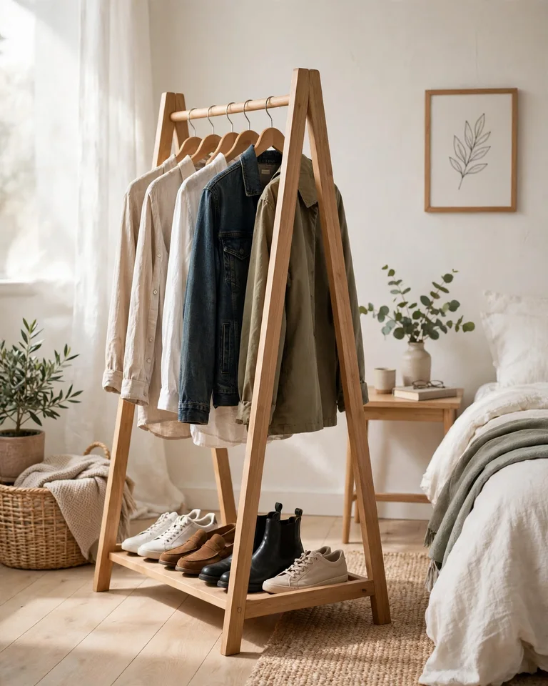 A-frame wooden garment rack in a bedroom holding shirts on matching hangers with shoes on the lower shelf