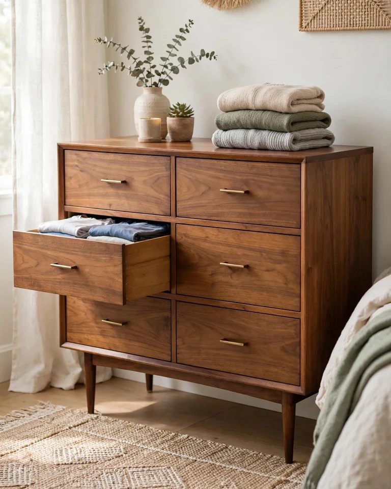 Mid-century wooden dresser in a bedroom with one drawer open showing neatly folded t-shirts