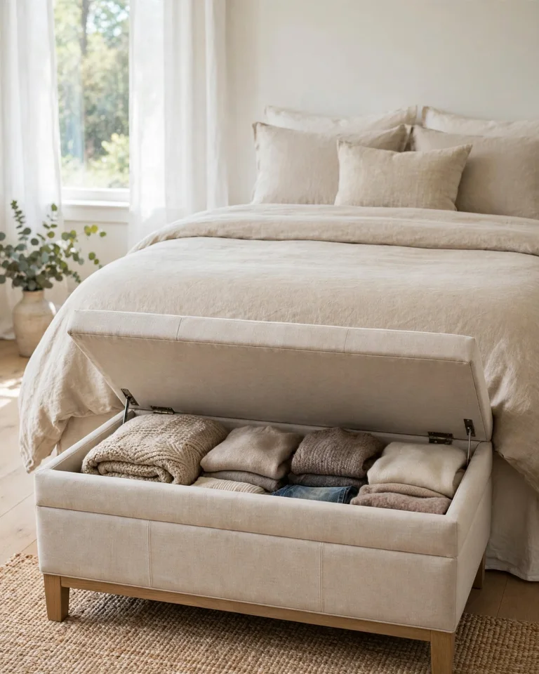 Upholstered storage bench at the foot of a bed with the lid open showing folded blankets stored inside