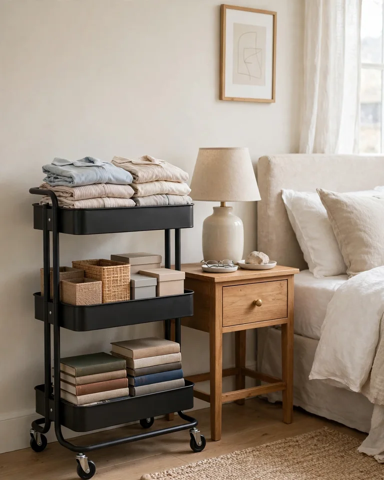 Three-tier rolling utility cart beside a nightstand in a small bedroom holding folded clothes and storage boxes
