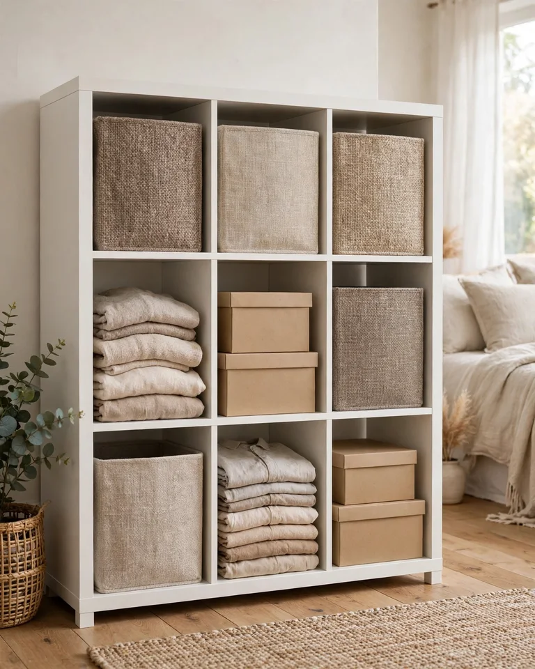 White cube storage unit with nine cubbies filled with neutral fabric bins, folded clothes and labeled boxes
