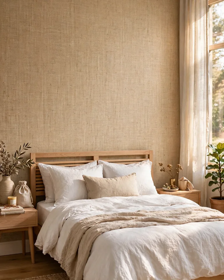 Bedroom with grasscloth-look peel-and-stick wallpaper in natural beige behind a linen-upholstered bed