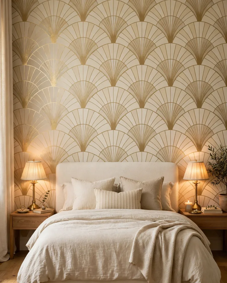 Bedroom accent wall with art deco fan arch peel-and-stick wallpaper in muted gold and cream