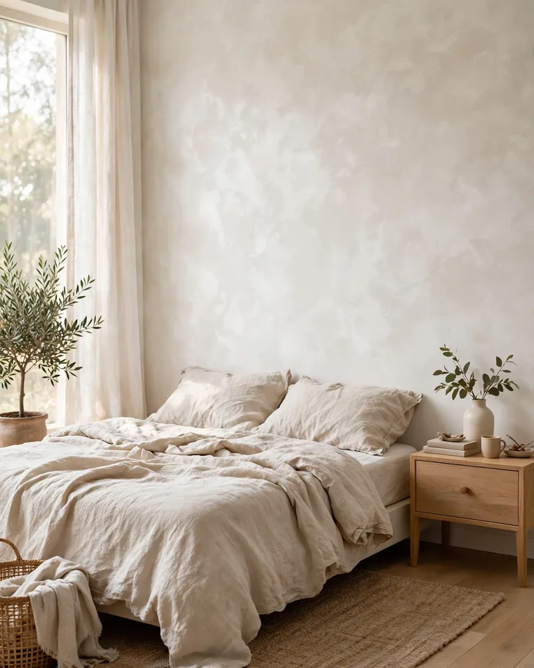 Bedroom with soft limewash-effect peel-and-stick wallpaper in warm white creating a plaster look