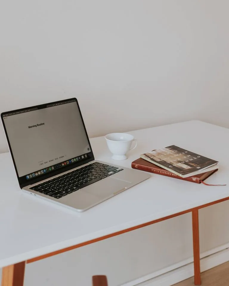 Organized home office desk with wall storage above