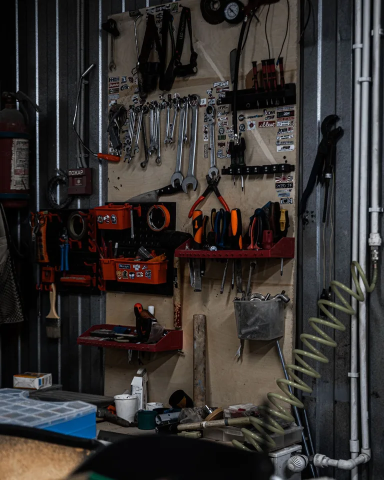 Well-organized garage workshop with tools