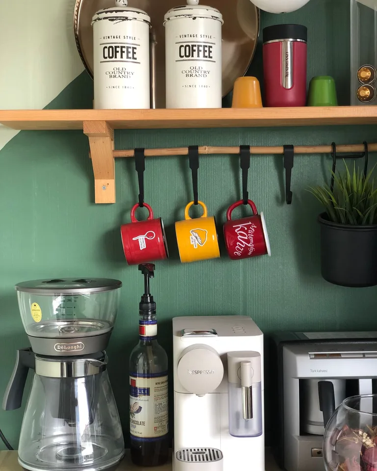 Coffee mugs hanging ready for a morning coffee station