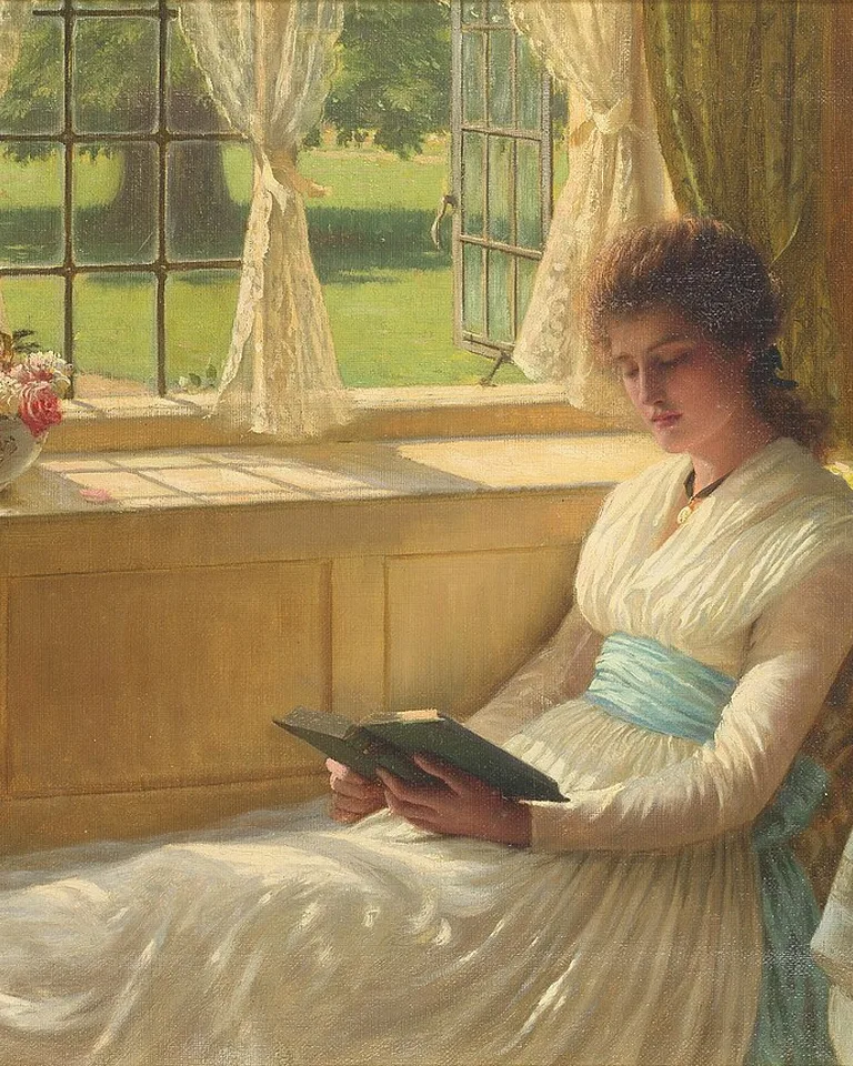 Painting of a reader in a window seat