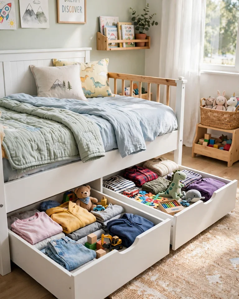 Two under-bed storage drawers pulled out, filled with folded kids clothes and toys
