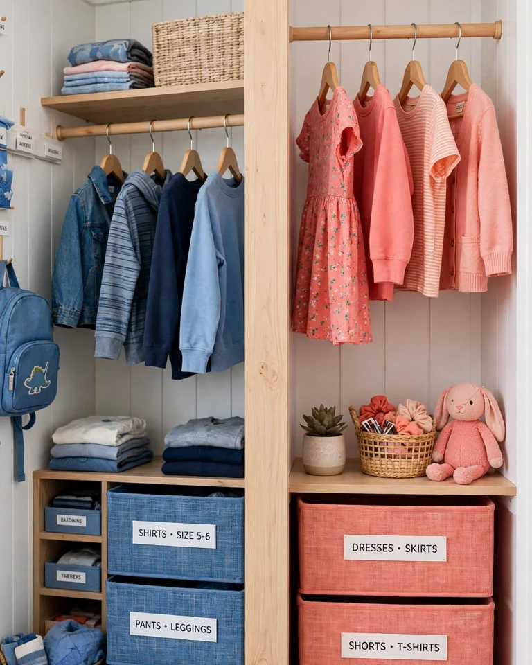 A shared kids closet interior with labeled fabric bins in blue and coral, one side per child