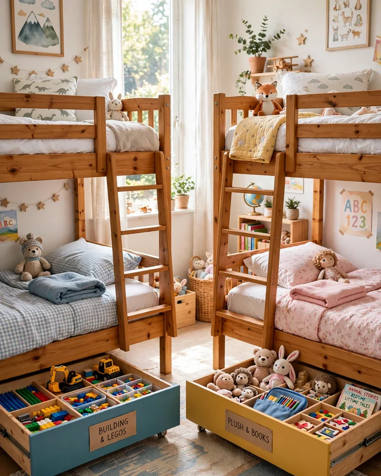 Labeled wooden roll-out drawers on wheels pulled from under two bunk beds