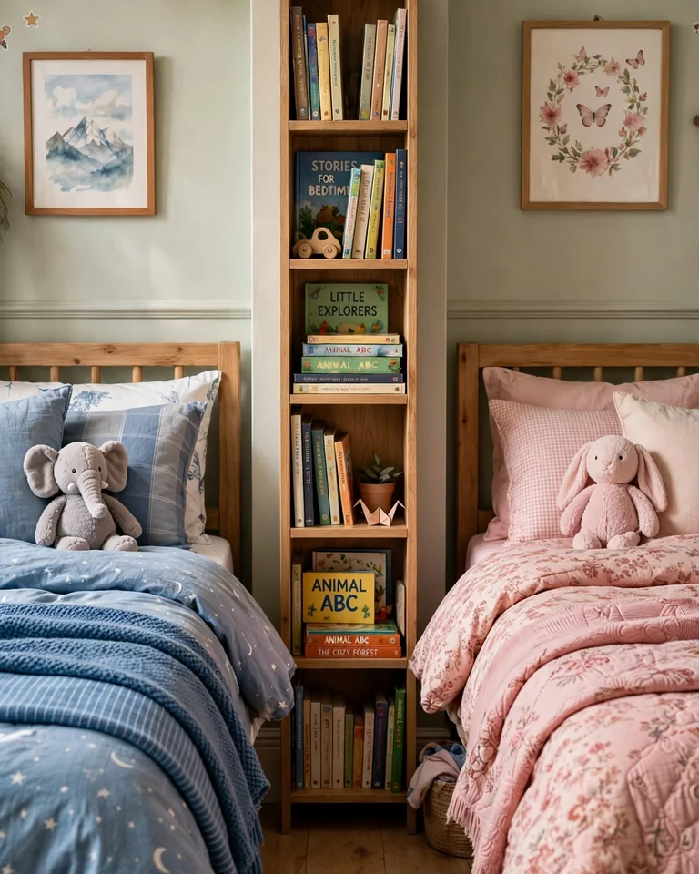A slim tall bookshelf standing between two kids twin beds